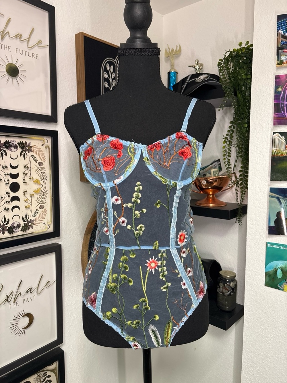 Blue Sheer Floral Embroidered Mesh Bodysuit Wildflower Size Large